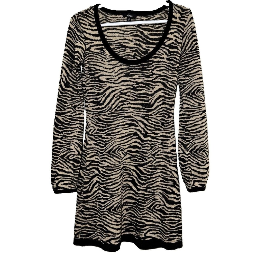XOXO Zebra Sweater Dress Womenβs S Black Gold Metallic Long Sleeve Y2K Mini